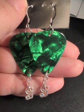 Emerald Guitar Pick Drop Earrings with Silver Accents